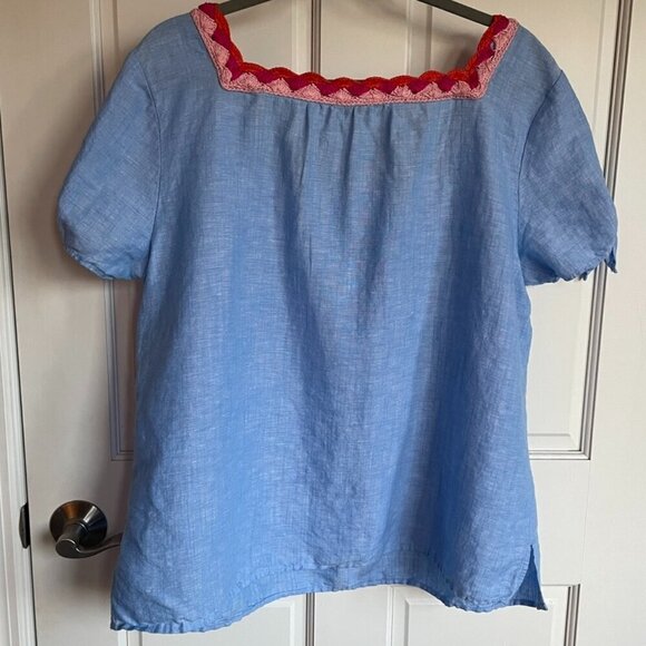 Talbots 100% Linen 1X Petite Square Neck Top Chambray Blue W Crochet Trim - Picture 8 of 10